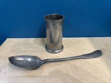 Lot d'étain ancien, 1 Cuillère À Ragoût Et 1 Mesure Demi Litre Poinçons