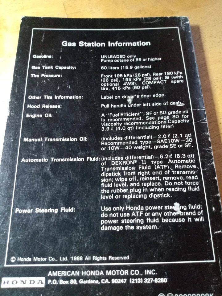 Honda Prelude 1989 manual del propietario guía del usuario libro de referencia del operador Foto 2 de 4