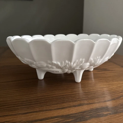 Indiana Glass Fruit Bowl White Milk Glass Footed 12 Inch Oval Vintage Beautiful