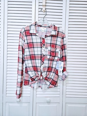 Just Be Red White Violet Plaid Roll Tab Sleeves Button Down Women's Medium NEW