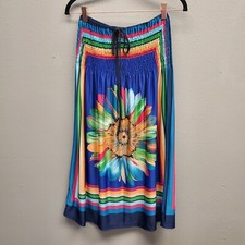 Halter Short Beach Sundress Women Size M Blue Pink Sunflower Ethnic Flowy Boho