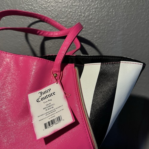 Juicy Couture Women's Pink Black White Stripe Shoulder Tote Bag Faux Leather NWT - Picture 5 of 15