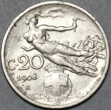 1908 Italy 20 Centesimi XF Flying Woman Scarce Date Coin (25051902R)