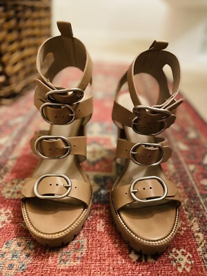 All Saints Osuna Lug Sole Block Heel Sandals Nude Buckle Cage Gladiator Heels 9