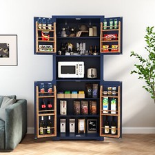 72" Tall Kitchen Pantry Storage Cabinet with Microwave Stand with 4 doors Blue