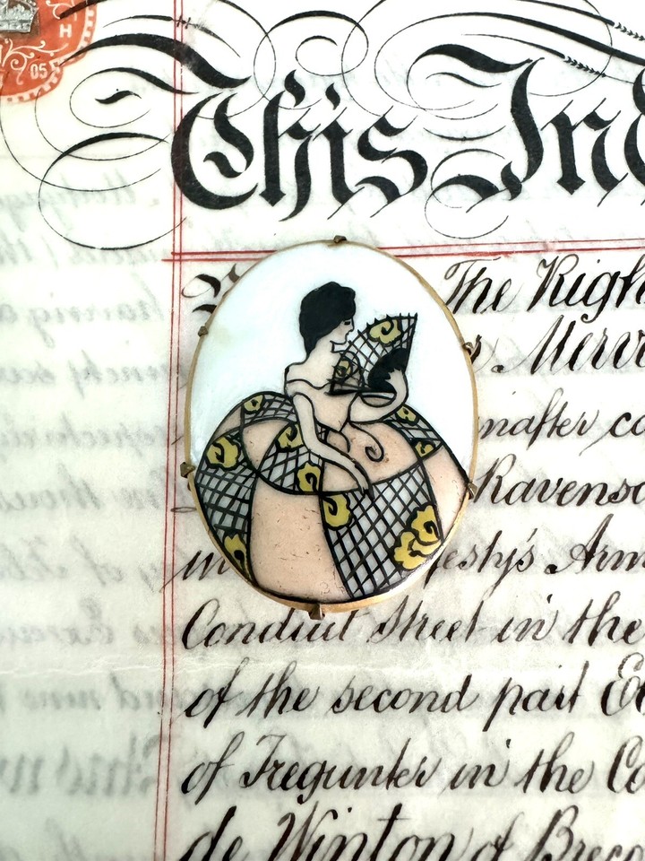 Vintage Art Deco Hand Painted Porcelain Brooch Pin Lady Holding Fan