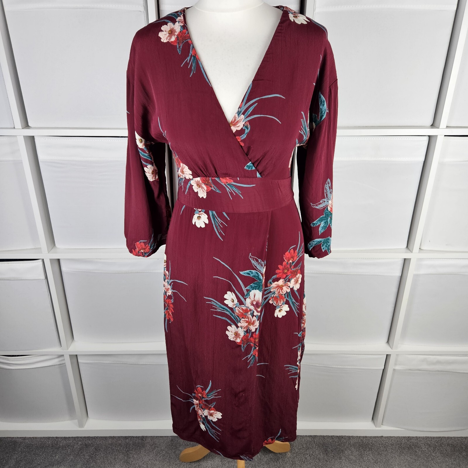 Monsoon Floral Midi Dress Size Burgandy Wrap V-neck Formal
