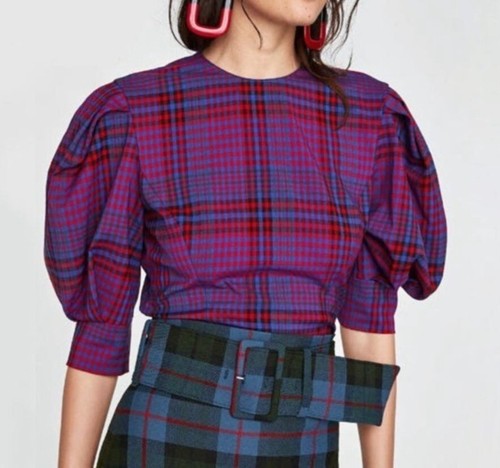 Zara Woman L Puff Sleeve Plaid Blouse Blue Red Retro Chic - Picture 3 of 14