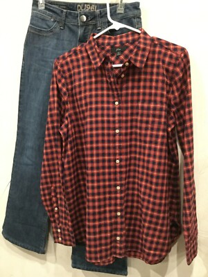 J.CREW Women Size 10 Shirt Top Blouse Red Navy Yellow Check 100% Cotton Flannel 
