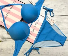 Victoria's Secret Swim Set Bombshell Add-2-Cups Push Up Side Tie Capri Blue