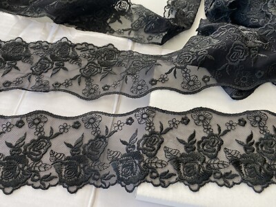 2 Yards Black Embroidered Double-edged Ribbon Lace Trim /Sewing/Crafts/3'' Wide