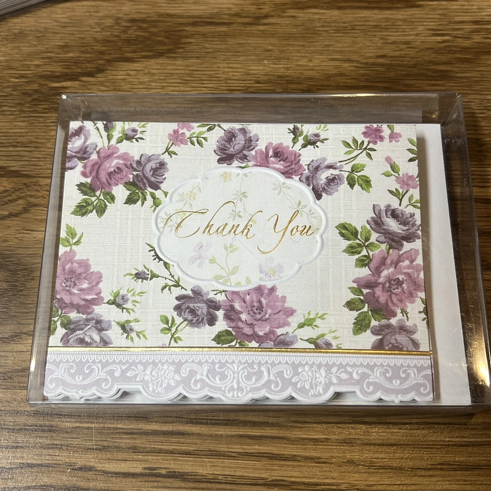 Carol Wilson Rose Garden 8 Lace Border Thank You Blank Notes Purple Flowers USA - Image 2 of 4
