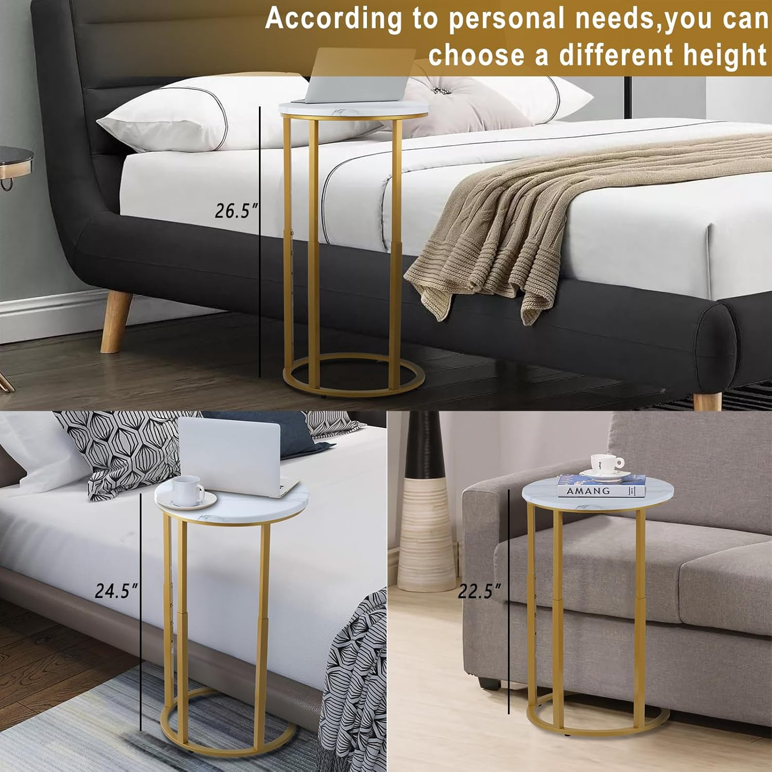 Gold C-Shaped End Table - Stylish Snack Table for Small Spaces & Easy Assembly