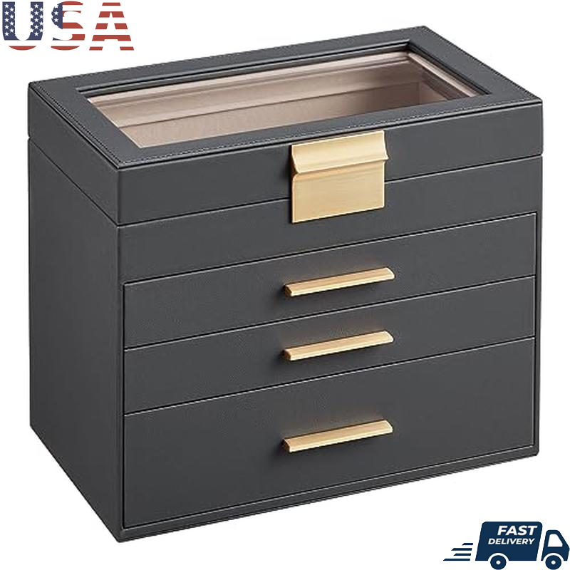 Jewelry Box Glass Lid 4 Layers Organizer W/ 3 Drawers Necklaces Watches New-image
