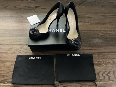 CHANEL BLACK LEATHER CAMELLIA D'ORSAY STILETTO LAMBSKIN PUMP SHOES