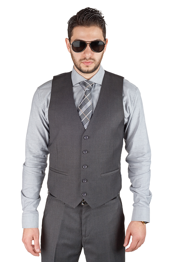 Men's Grey Dress Suit Vest 5 Button V Neck Adjustable Back Strap