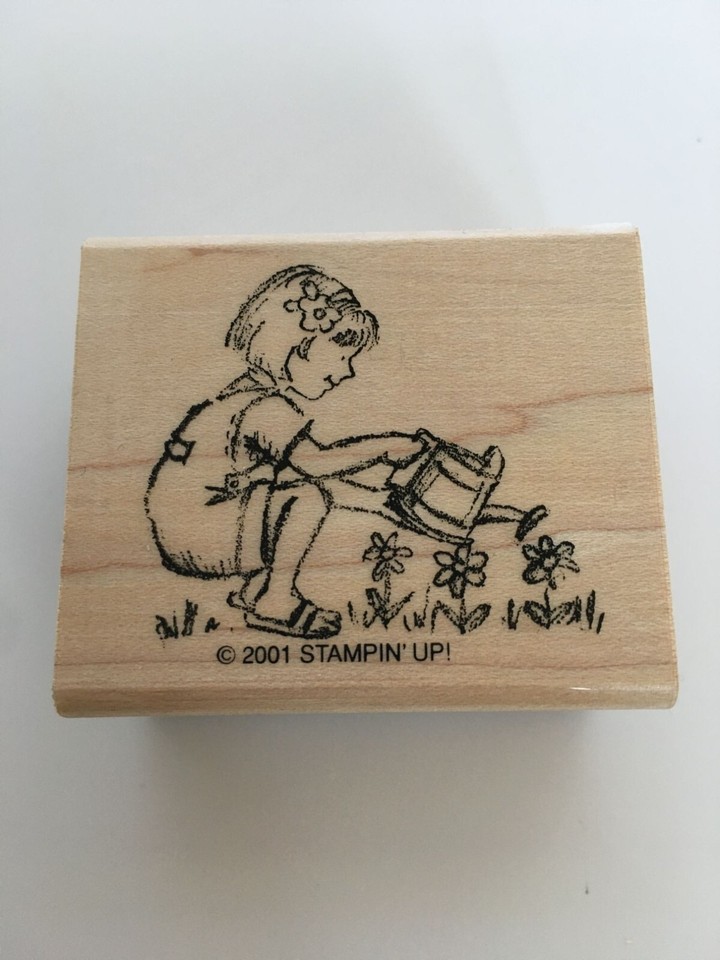 Stampin Up Rubber Stamp Girl Watering Can Flowers Garden Grow Spring