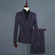 Men 2 Piece Stripe Suit Double Breasted Peak Lapel Jacket Tuxedo Tailored Casual