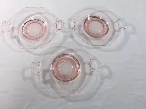 Set Of 3 Vintage Pink Depression Glass 8-Sided Small Plate with Handles 7"