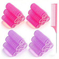 24 Pcs Self-Grip Small Hair Rollers Set Curlers for Women Rose Red and Purple