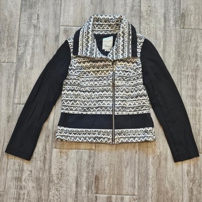 Anthropologie Elevenses Jacket Size 4 Black White Textured Moto Zip Wool blend