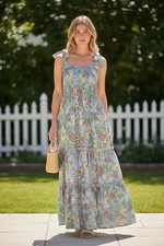 70F/21C Womens Blue Floral Print Smock Top Shoulder Tie Tiered Maxi Dress Size S