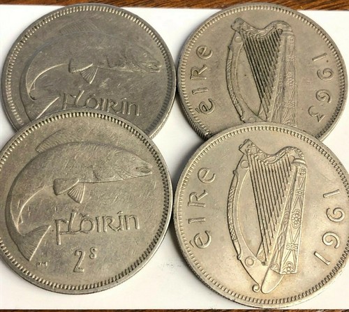 IRELAND FLORIN, Salmon fish & Irish Harp coin (1951-1968 type) 28.5mm, KM#15a