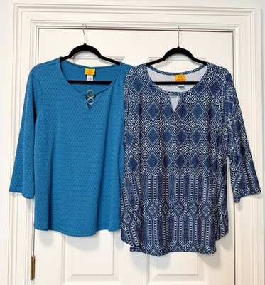 Ruby Rd. Woman Plus Size 1X Tops Bundle   Teal & Navy Blue Print