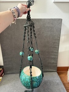 Vintage Plant Hanger Turquoise Ceramic Beaded Macrame Kitschy 80s Crazing Green