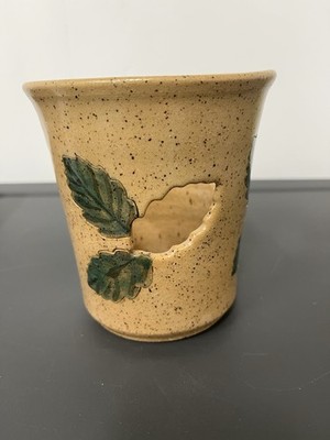 Brown Stone Studio - Hand Painted Ceramic Candle Holder Leaf Motifs & Cutout