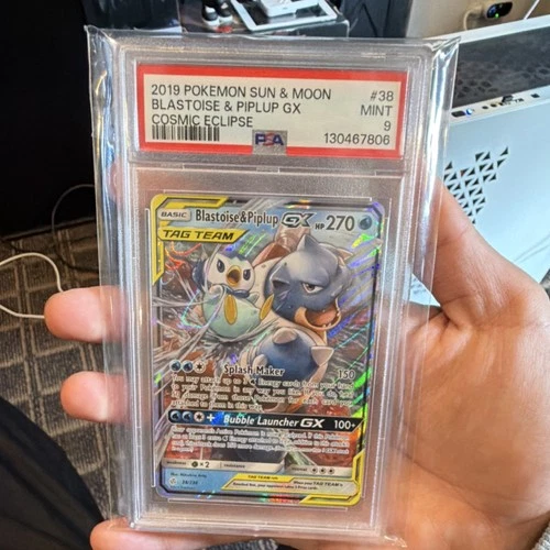 Pokémon Blastoise & Piplup GX Cosmic Eclipse Holo 38/236 PSA 9