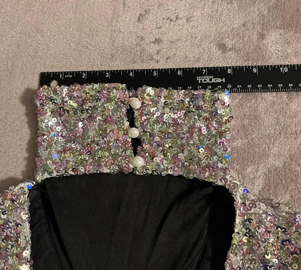 Nasty Gal Silver Sequin Sleeveless Party Dress with High Neck and Pearl Closure - Image 3 of 4