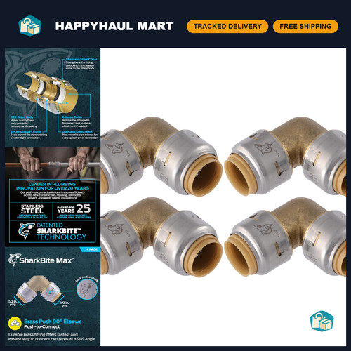 90ยฐ Elbow Brass Plumbing Fitting, 1/2" Push-to-Connect, Pack of 4, PEX/Copper/CP