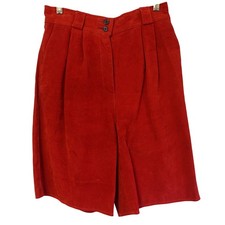 Vintage 90s Red Leather Pleated High Waisted Shorts Suede Culottes Size 12 Retro