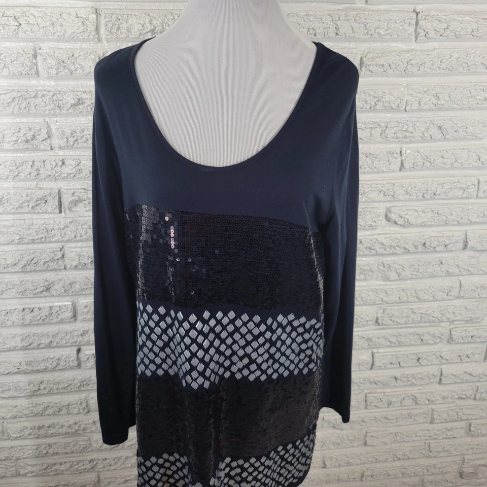 DG2 Diane Gilman Womens Top 1X Plus Tunic Blue Black Sequins Studded Casual - Image 3 of 4
