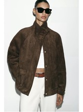 Zara Faux Suede High Neck Jacket Size S Brown Long Sleeve
