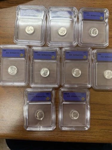 Roosevelt Dimes Pre-1964 Lot of 9-90% Silver ICG UNC