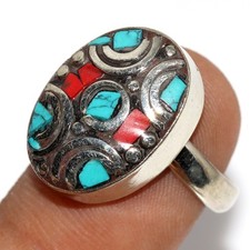 10gms Tibetan Turquoise Red Coral Nepali Tribal Ring Size US FreeSize MJ