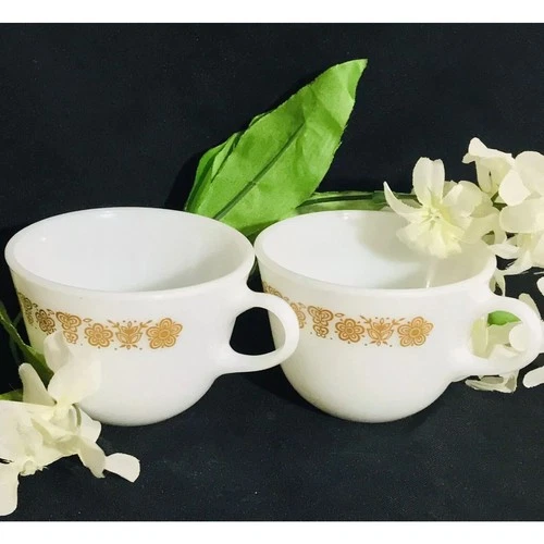 2 VTG Pyrex Coffee Mugs Corning Ware Tea Cups Gold Butterfly Milk Glass C Handle