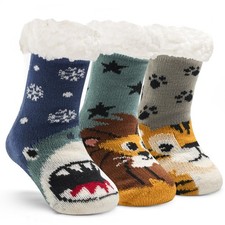 Boys Fuzzy Socks Winter Warm Kids Girls Fluffy Floor with Grips 3 Pack