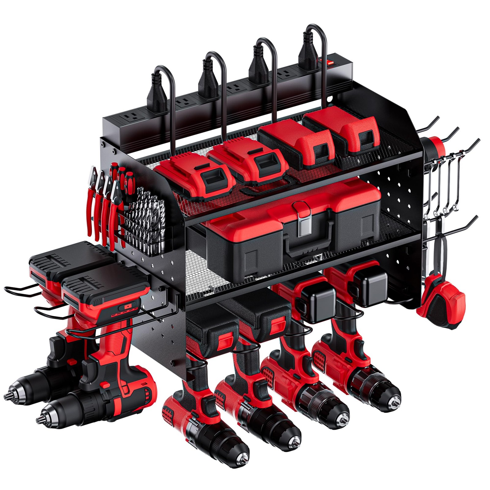 3-Layer Wall Mount Power Tool Organizer with 8 Outlets & 6 USB Ports
