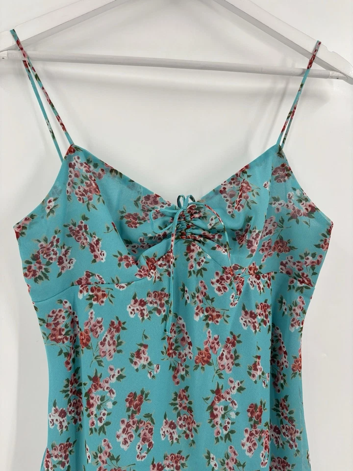 Mica Vintage Dress Womens 4 Blue Midi Floral Sleeveless Ruffles Ruched Tie 90s - Image 4 of 4