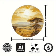 2D FlatAfrican Grassland Sunset Metal Wall Art Round Canvas Painting for Living