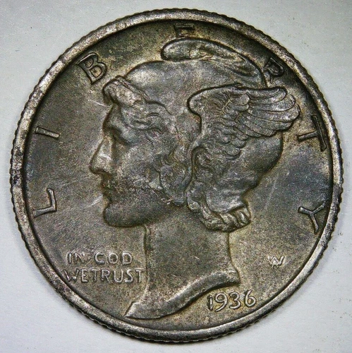 AU Toned 1936 P 10C Mercury Dime