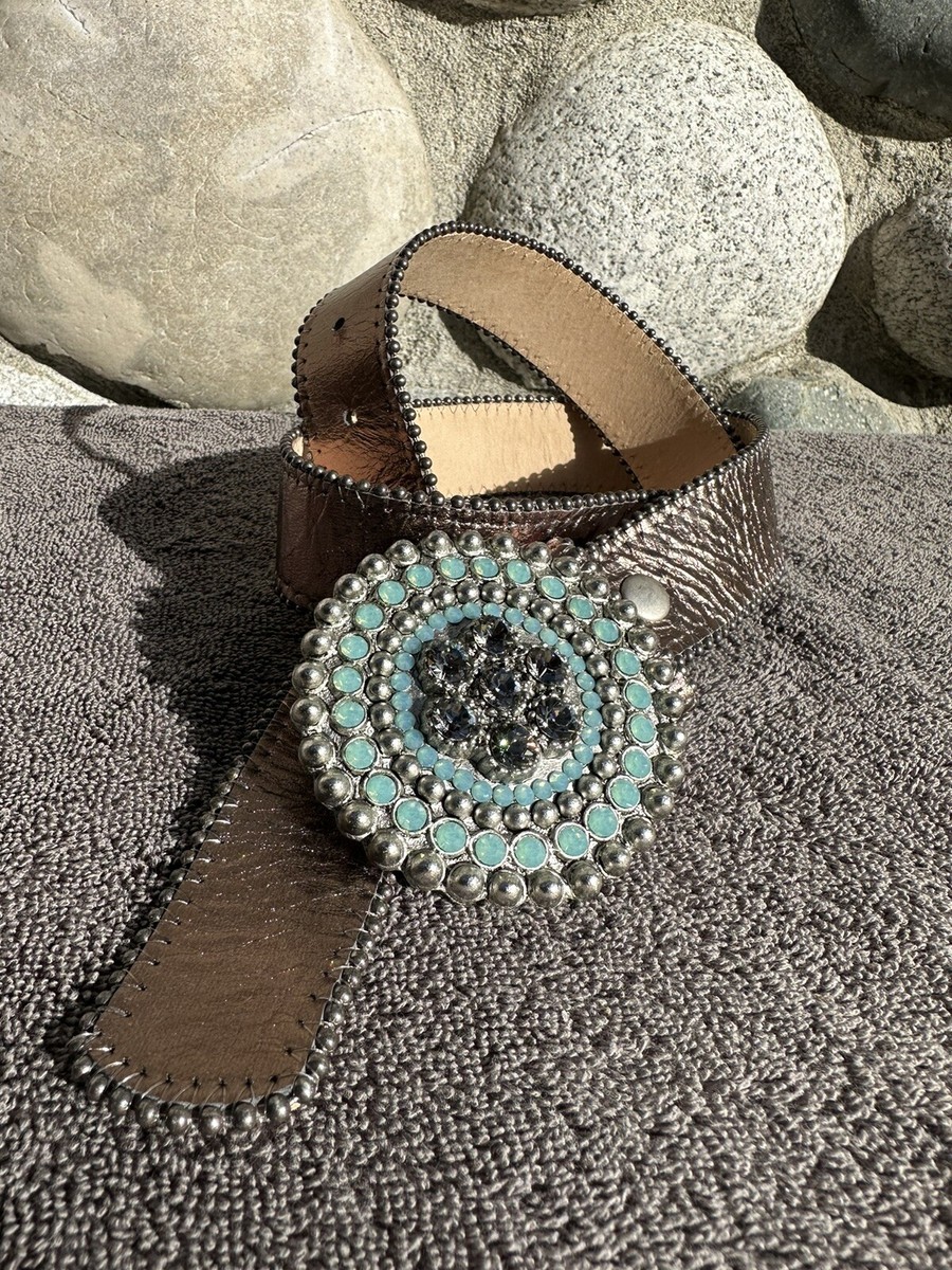 Leatherock USA Mixed Leather Studded Link Belt Blue Teal Bronze Boho M35 3941 Hooey  main image 3