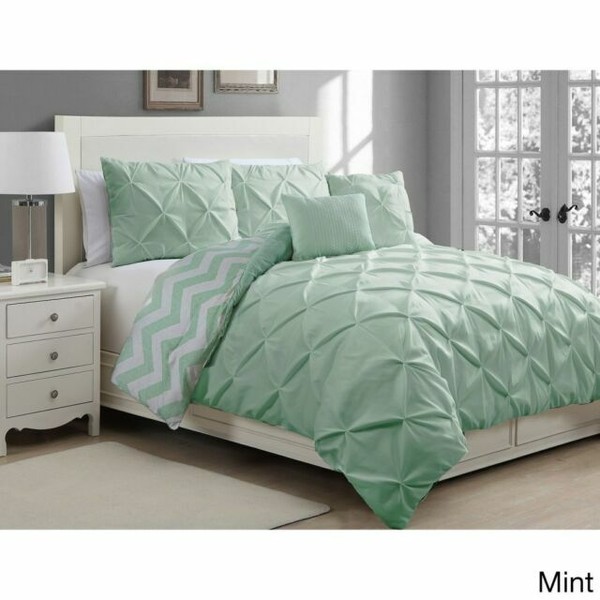 Green Pintuck King Size Duvet Cover Set White MINT Solid Pinch Pleated