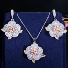 Multi-Tone Gold Plated Flower Pendant Necklace and Earrings CZ Women Jewelry Set