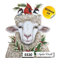 (5530) TWO Paper BEVERAGE / COCKTAIL Decoupage Art Craft Napkins CHRISTMAS SHEEP