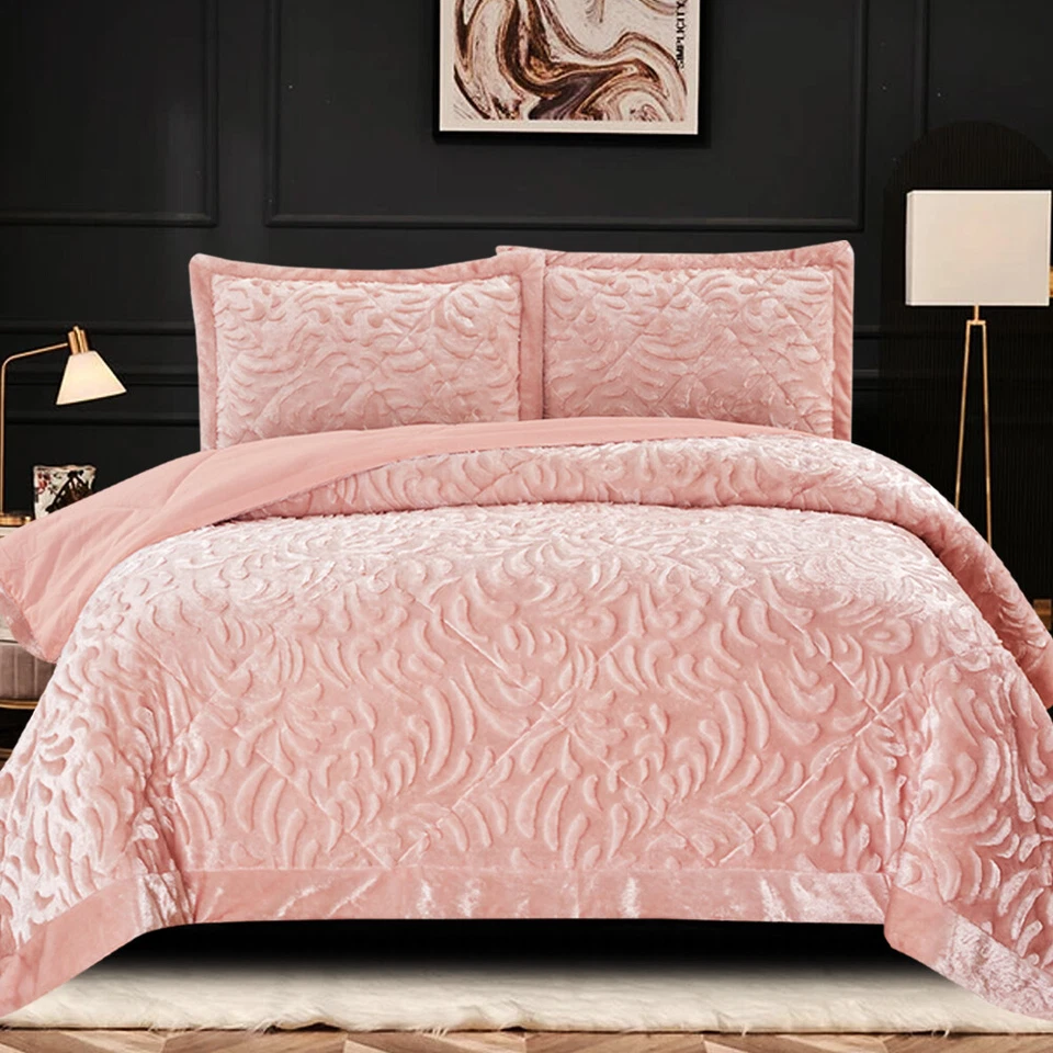 3 PCS Velvet Quilted Bedspread Throw & Pillow Shams Double King Size Bedding Set - Image 3 of 4