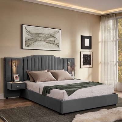 Queen Size Upholstered Bed Frame w/ Headboard & Side Table, Velvet Gray